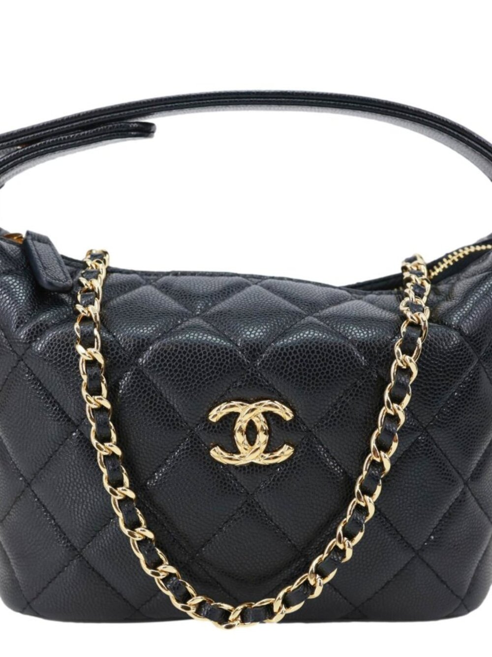 Chanel CC Caviar Leather Clutch with Chain Hobo Bag Black